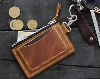 Leather Keychain Wallet: Personalized Coin Purse Zipper Card Holder Keyring Wallet