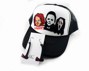 Horror Movie Trucker Hat & Bloody Axe Earrings – Chucky, Ghostface, Michael Myers