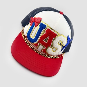 USA Chenille Patch Foam Trucker Hat -  Red White and Blue, Star, Bows, Sequins