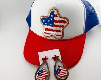 American Flag Chenille Patch Trucker Hat & Rosewood Star Earrings Set
