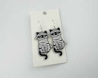 Mummy Cat Halloween Dangle Earrings, Spooky Acrylic Earrings