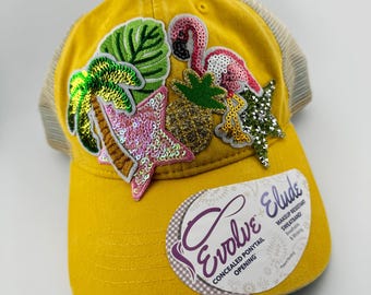 Yellow Beach Vacation Hat – Sequined Tropical Patch Ponytail Cap