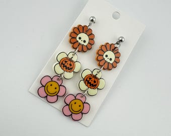 Halloween Acrylic Drop Earrings - Skulls, Pumpkins, Flowers