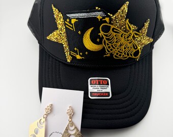 Witchy Trucker Hat & Moon Phases Earrings Set – Rhinestone Patches