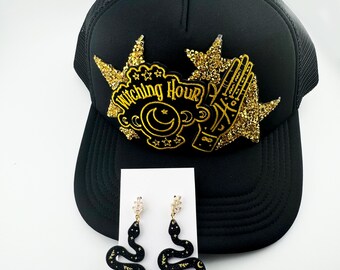 Witchy Halloween Trucker Hat & Snake Earring Set