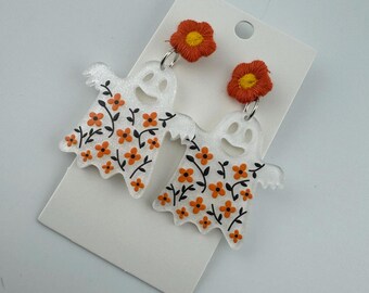 Floral Ghost Earrings – Orange Embroidered Fabric Studs, Acrylic