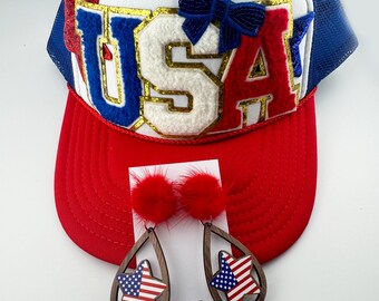 USA Chenille Patch Trucker Hat with American Star Wood & Faux Fur Earrings