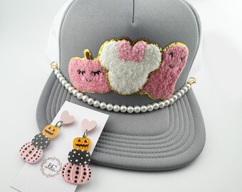 Halloween Minnie Mouse Trucker Hat & Acrylic Pumpkin Earrings