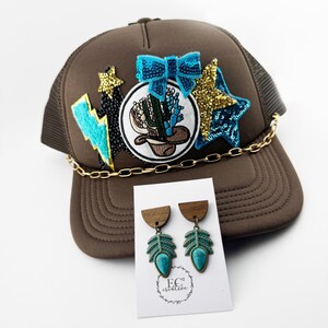 Turquoise and Brown Western Themed Foam Patch Trucker Hat and Earrings Pair - Wood and Brass, Sequins, Gold Hat Chain, Bow, Chenille Patch