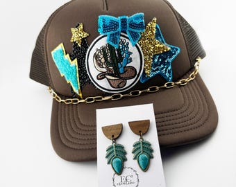 Turquoise Western Trucker Hat and Earrings Set – Chenille Cactus, Wood & Brass
