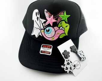 Halloween Patched Trucker Hat with Ghost Flower Earrings