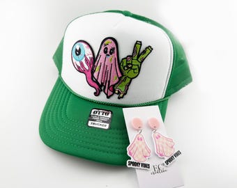 Halloween Trucker Hat & Ghost Earrings Set – Spooky Vibes, Neon Patches