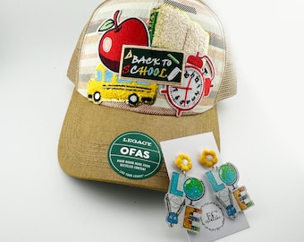 Back to School Trucker Hat & Teacher Love Acrylic Earrings