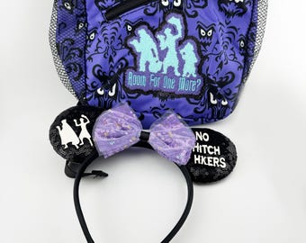 Purple Haunted Mansion Spooky Backpack with Matching Hitchhiking Ghost Halloween Ears – Theme Bag, Cute Halloween Disney Style Accessory