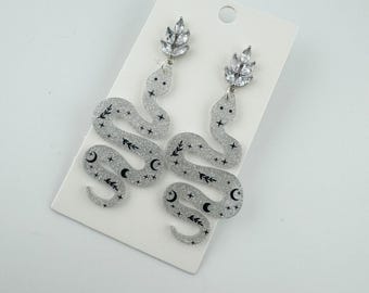 Sparkle Snake Drop Earrings - Silver, Black Moon Serpent