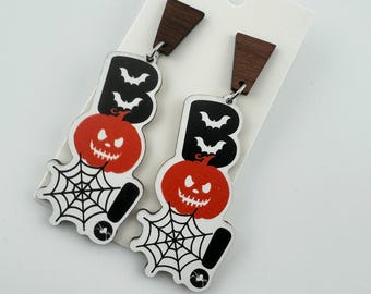 Halloween Dangle Earrings, Rosewood Pumpkin Bat Design