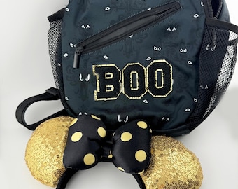 Boo Halloween Sling Backpack with Gold Sequin Ears – Spooky Disney Style Crossbody Bag, Halloween Park Outfit Accessory