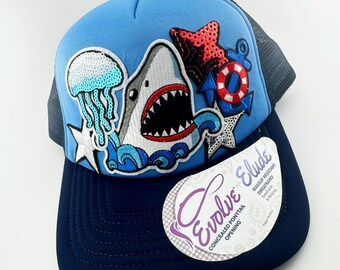 Beach Theme Shark Trucker Hat – Sequined Patches, Ponytail Hole