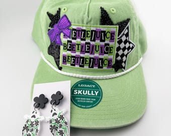 Beetlejuice Patch Hat & Flower Ghost Earrings - Legacy Skully Set