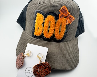 Halloween Corduroy Trucker Hat, BOO Chenille Patch & Pumpkin Earrings