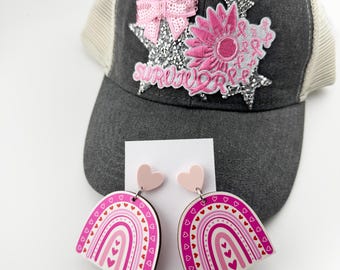 Breast Cancer Survivor Patch Hat with Pink Rainbow Earrings