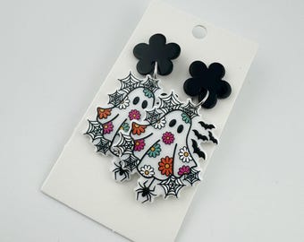 Spooky Ghost Acrylic Earrings - Floral Spiderweb, Halloween Jewelry