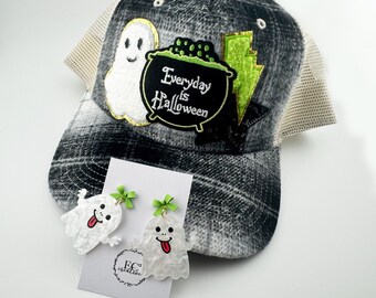Halloween Plaid Trucker Hat with Ghost Earrings - Sterling Silver, Acrylic
