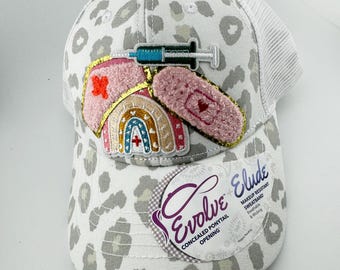 Nursing Hat – Chenille Patches, Snow Leopard Print, Ponytail Hole