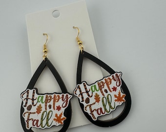 Happy Fall Teardrop Earrings | Autumn Leaf Statement Earrings | Fall Season Jewelry | Lightweight Dangle Earrings | Thanksgiving Gift