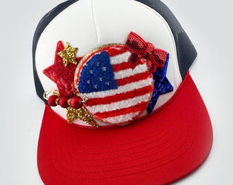 Patriotic USA Foam Trucker Hat with Sequin Flag Patch – Red White Blue Fourth of July Hat, Americana Statement Cap