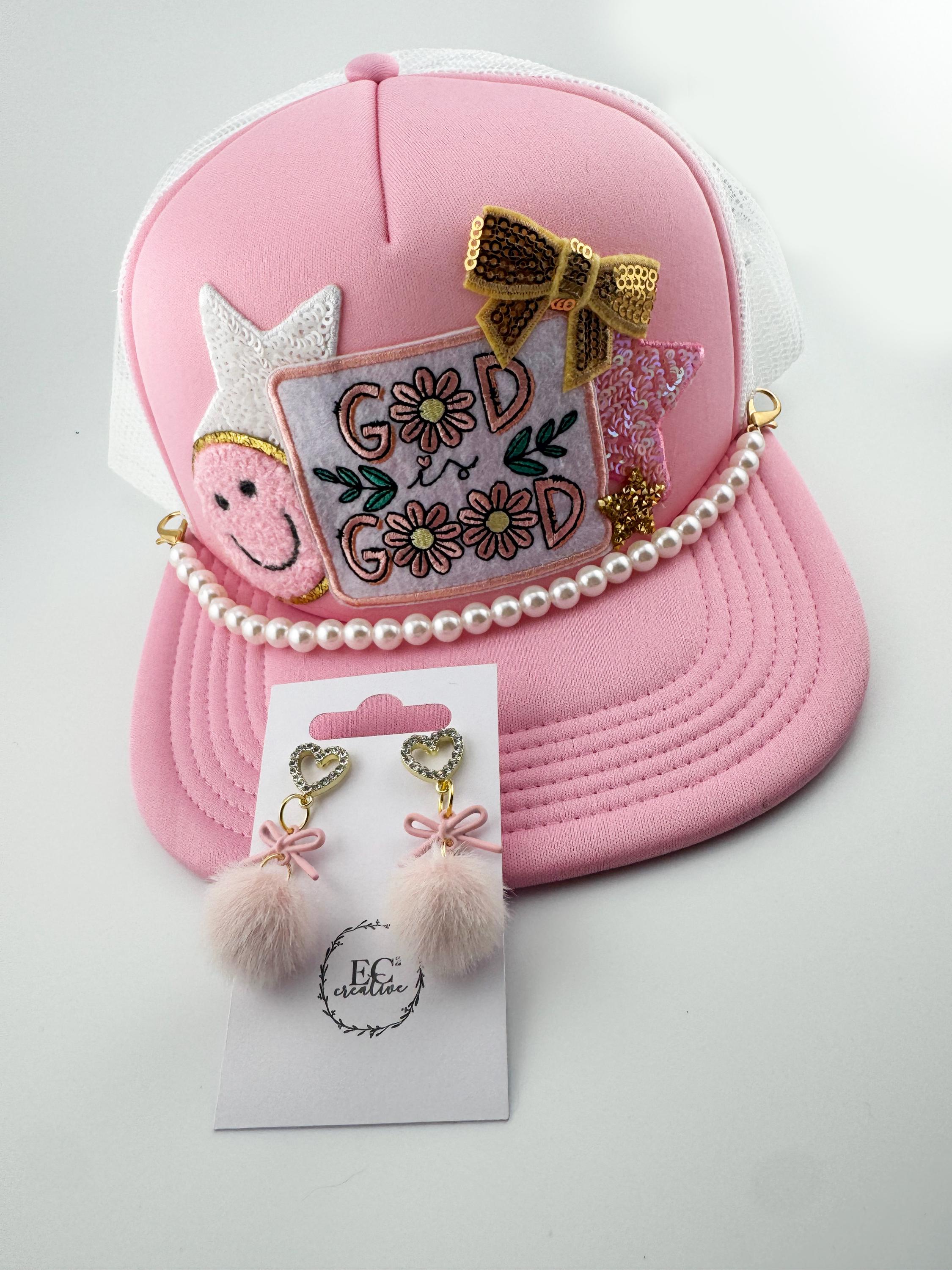 God is Good Pink Trucker Patch Hat and Matching Earrings  display picture 2