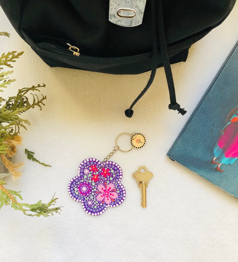 Wooden key ring or FLOWER ID ~ eco-friendly handmade unique design *Mandala *flower *Spring night ~Geranium Atelier~