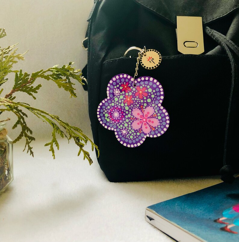 Wooden key ring or FLOWER ID ~ eco-friendly handmade unique design *Mandala *flower *Spring night ~Geranium Atelier~