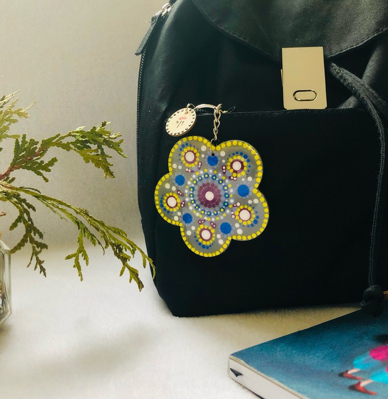 Wooden key ring or FLOWER ID ~ eco-friendly handmade unique design *Mandala *flower *Spring night ~Geranium Atelier~