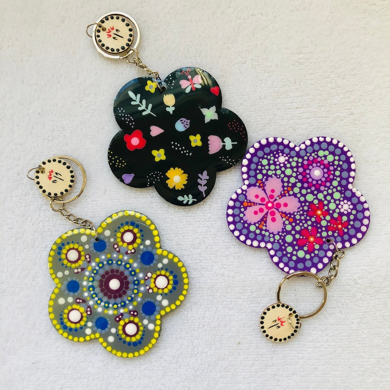 Wooden key ring or FLOWER ID ~ eco-friendly handmade unique design *Mandala *flower *Spring night ~Geranium Atelier~