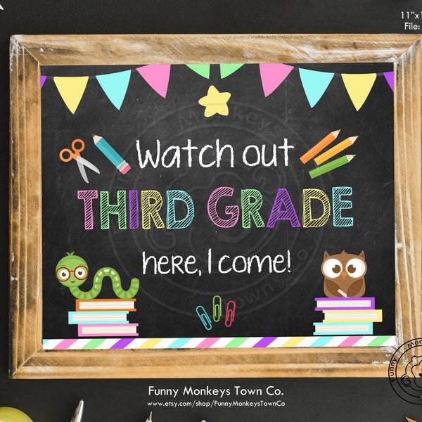 Watch Out 3rd Grade Here I Come Sign, Back to School Chalkboard Sign, Photo Prop, First Day of 3rd Grade Sign, Instant Download, OFF SALE