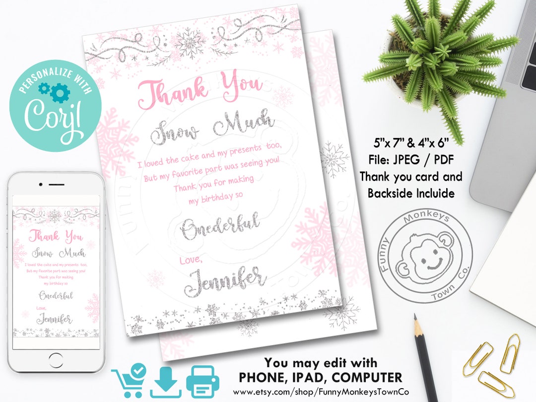 Editable Winter ONEDERLAND Thank You Card Snowflake Winter - Etsy