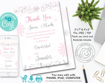 Editable Winter ONEDERLAND Thank you card, Snowflake, Winter One-D, Thank you card, Thank you note, Pink and Silver, Silve Glitter, OFF SALE