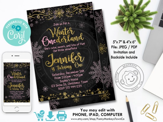 Editable Winter ONEDERLAND Invitation Snowflake First Birthday Pink and Gold Glitter Winter Wonderland Instant Download OFF SALE Il_570xn