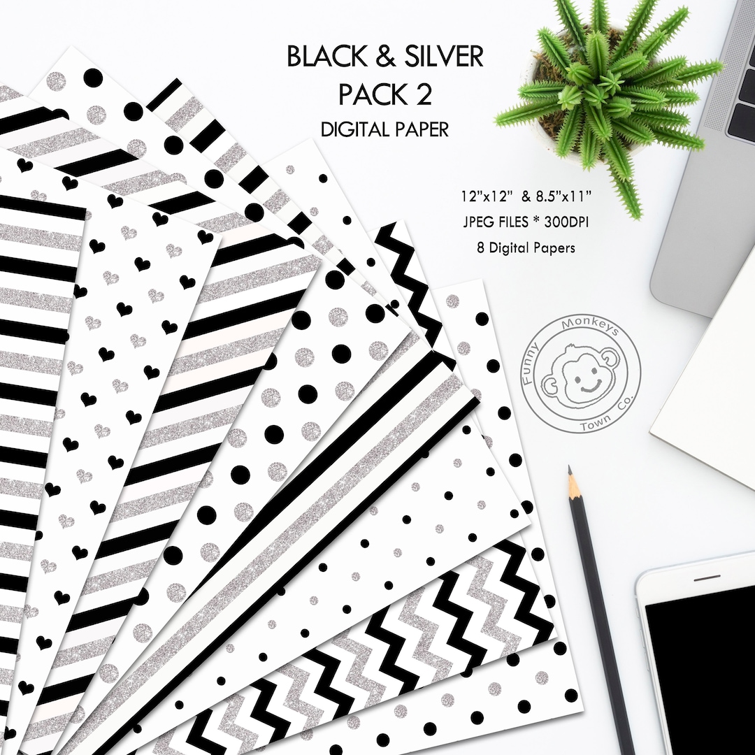 Black and SILVER Glitter Digital Paper Pack for Scrapbooking, Making ...