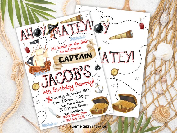 Editable Pirate Invitation, Pirate Birthday Party, Pirate Party, Pirate Ship, Treasure Map, Printable Invitation, Watercolor, OFF SALE Il_570xn