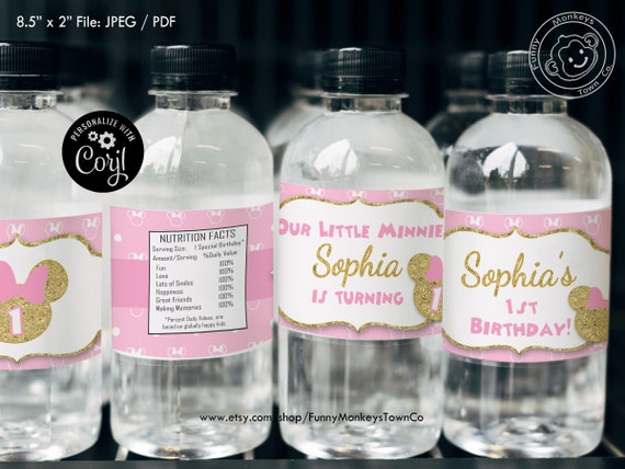 Pink and Gold Minnie Mouse water bottle label, Minnie Mouse printable JPEG, Pink and Gold Label, Minnie Mouse 1st Birthday, Printable DIY Il_570xn