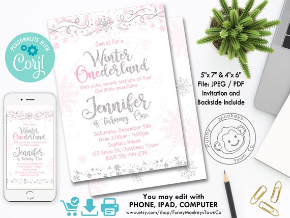 Editable winter onederland invitation girl snowflake first birthday pink and silver glitter 