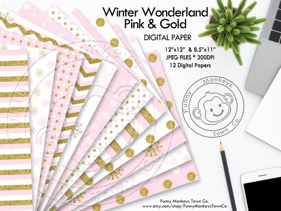 WINTER Digital Paper, Onederland, Snowflake, Let it snow, Christmas, Frozen, Pink and Gold, Instant Download, Digital Paper, OFF SALE Il_570xn
