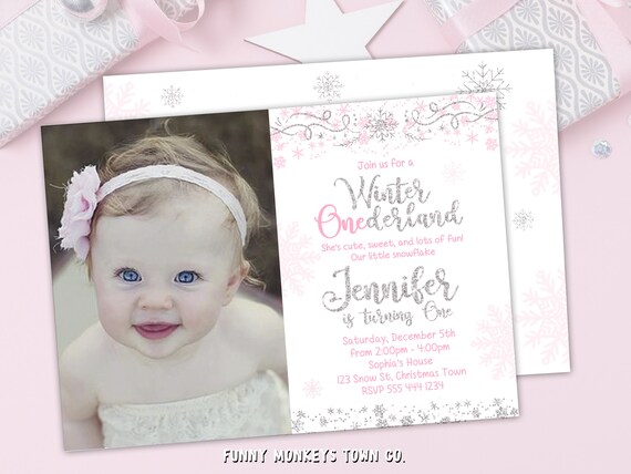 Editable Winter ONEDERLAND Invitation Girl Snowflake 1st Birthday Pink and Silver Glitter 1st Birthday Photo Instant Download OFF SALE Il_570xn
