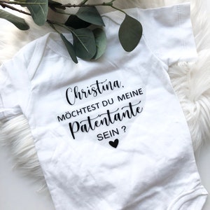Personalized iron-on image with name Would you like to be my godmother godfather baptism gift surprise message body shirt