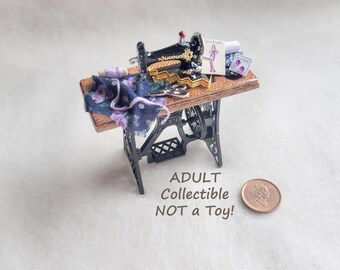 Miniature Dollhouse Sewing Table, PURPLE, Decorated and Accessorized for Adult Collectors, NOT A TOY! MS115G