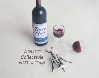 Miniature Red Wine Bottle, Resin Filled Glasses and Corkscrew, Adult Collectible, NOT a TOY!  MK140E-C