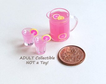 Miniature Pink Lemonade Jug with Two Cups, Hand Crafted, Adult Collectible - NOT A TOY!   MK141
