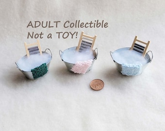 Miniature Metal Wash Tubs, with washboard and towel, Adult Collectible, Not a Toy!  MM166